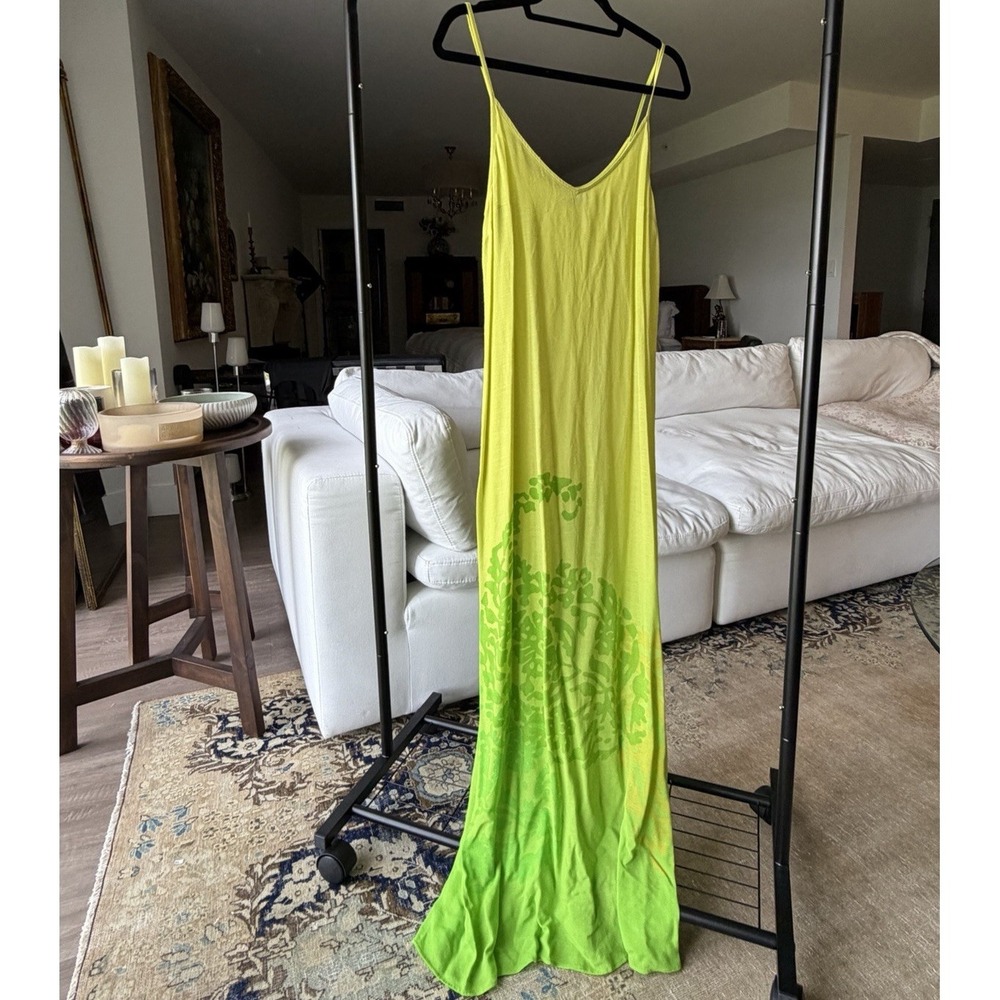 La Perla Green Yellow Floral Scoop Neck Strap Maxi Dress Sz 44